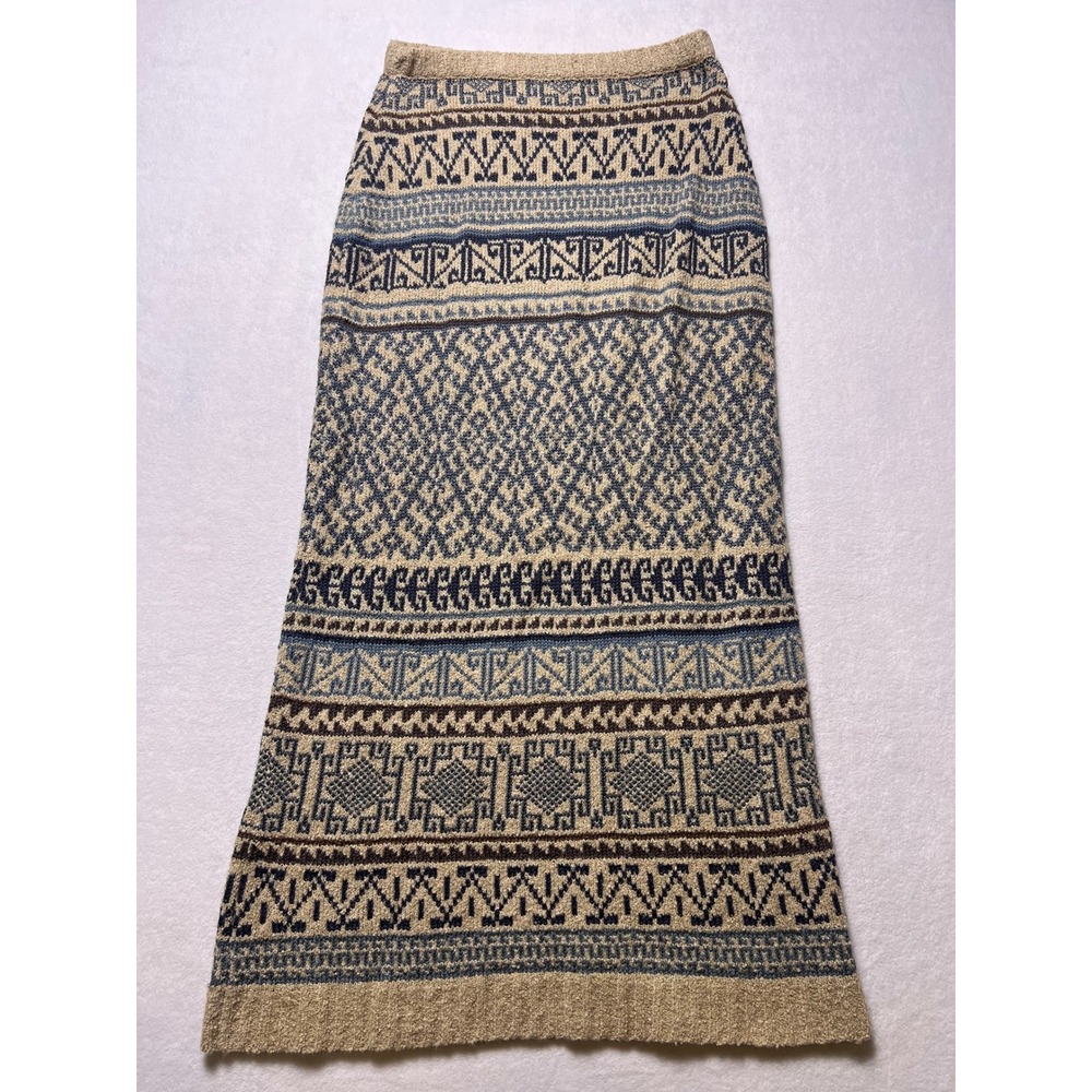 Peruvian Connection XS Maxi Skirt Boho Fair Isle Blue Tan Pima Alpaca Silk Blend